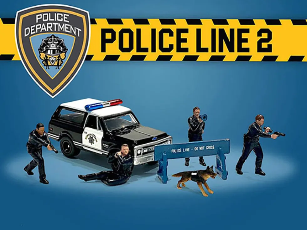 Police Line 2 6 piece Diecast Set 4 Police Figures 1 Dog Figure 1 Accessory Limited Edition 4800 pieces Worldwide 1/64 Scale Models American Diorama 76497
