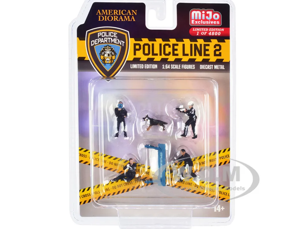 Police Line 2 6 piece Diecast Set 4 Police Figures 1 Dog Figure 1 Accessory Limited Edition 4800 pieces Worldwide 1/64 Scale Models American Diorama 76497