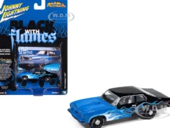 1974 Pontiac GTO Black and Blue with Blue Flame Graphics with White Interior "Black with Flames" Series 1/64 Diecast Model Car by Johnny Lightning