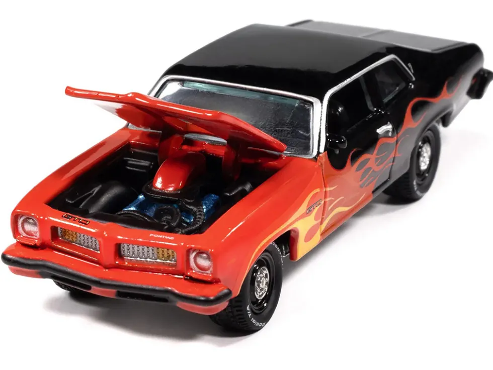 1974 Pontiac GTO Black and Red with Flame Graphics "Black with Flames" Series 1/64 Diecast Model Car by Johnny Lightning