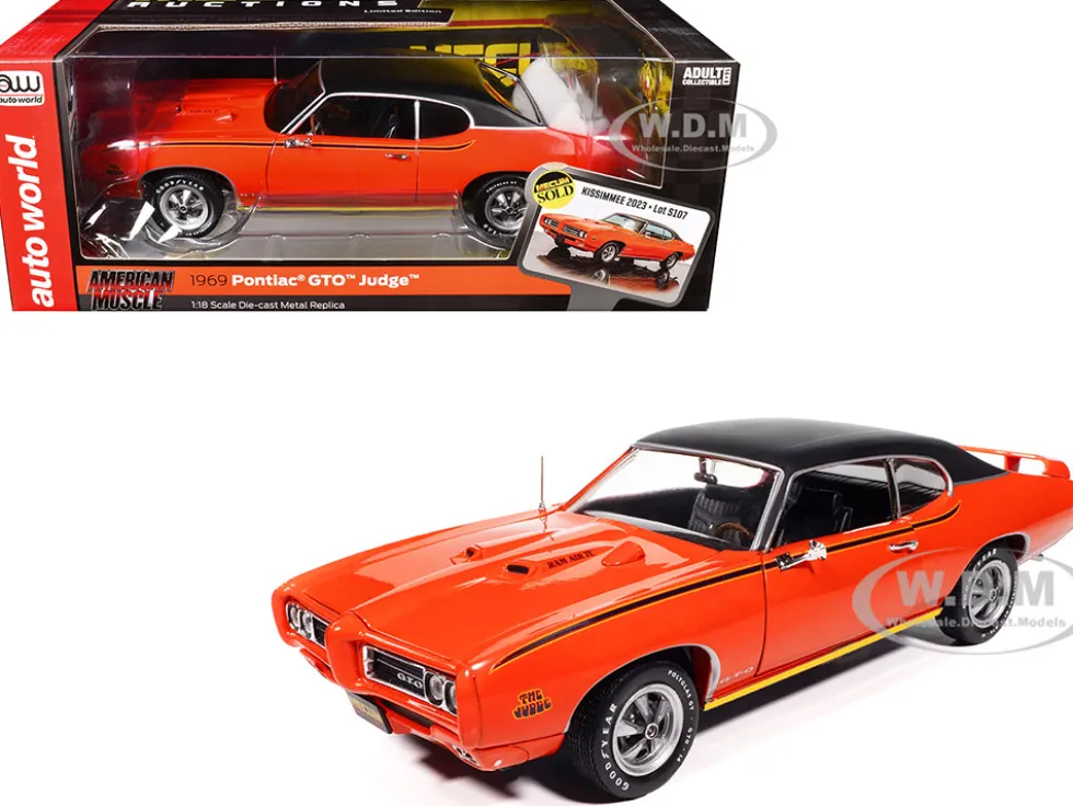 1969 Pontiac GTO Judge Carousel Red with Black Stripes and Black Vinyl Top "Mecum Auctions" "American Muscle" Series 1/18 Diecast Model Car by Auto World