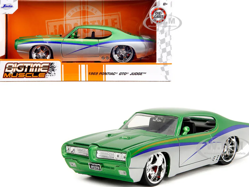 1969 Pontiac GTO Judge Green Metallic and Silver with Stripes "Bigtime Muscle" Series 1/24 Diecast Model Car by Jada