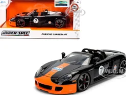 Porsche Carrera GT Convertible #7 "Gulf Oil" Black with Orange Graphics "Hyper-Spec" Series 1/24 Diecast Model Car by Jada