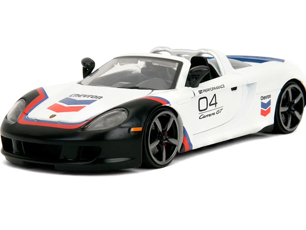 Porsche Carrera GT Convertible #04 "Chevron" White with Graphics "Hyper-Spec" Series 1/24 Diecast Model Car by Jada