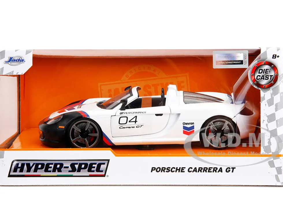 Porsche Carrera GT Convertible #04 "Chevron" White with Graphics "Hyper-Spec" Series 1/24 Diecast Model Car by Jada