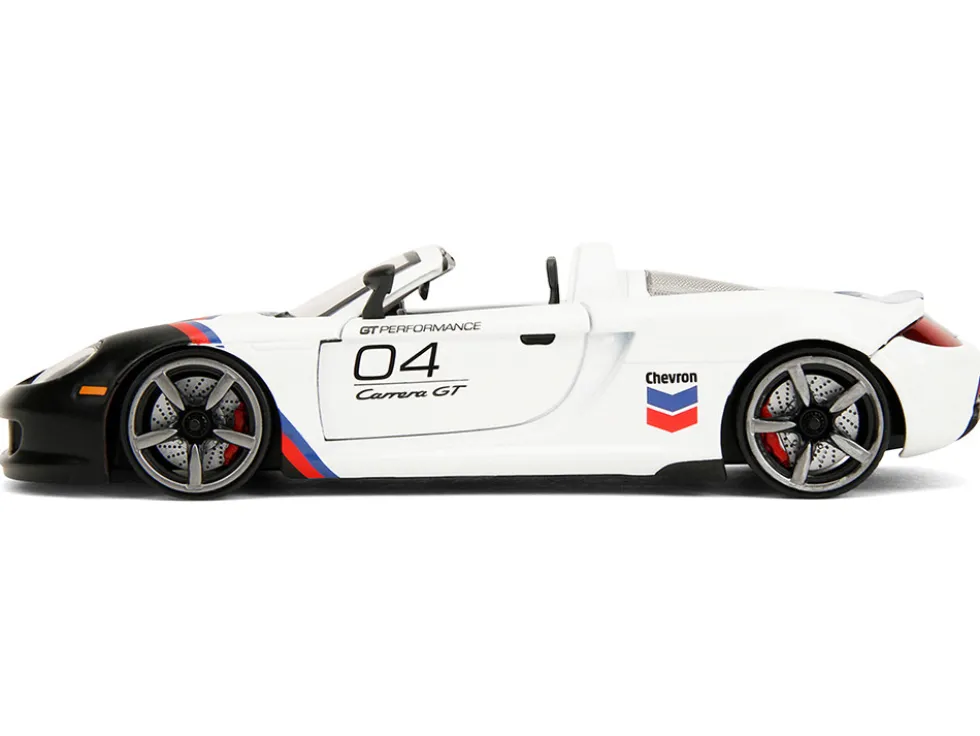 Porsche Carrera GT Convertible #04 "Chevron" White with Graphics "Hyper-Spec" Series 1/24 Diecast Model Car by Jada