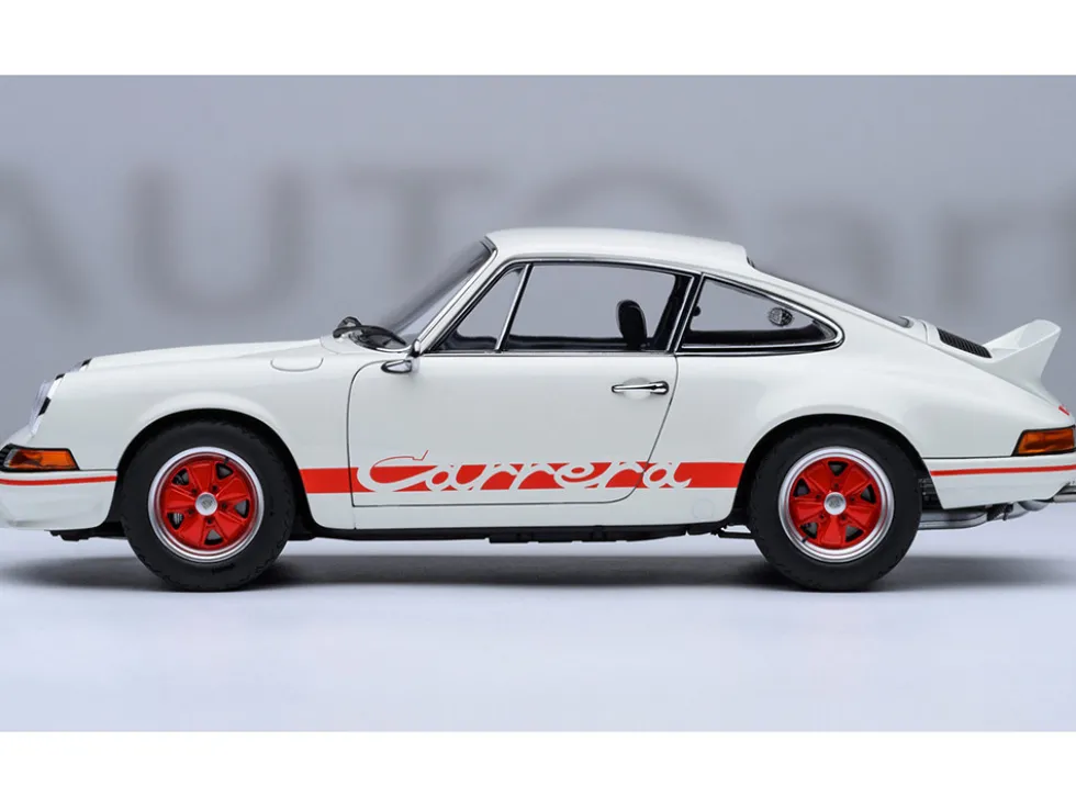 Porsche 911 Carrera 2.7 RS "The Circuit Wolf" White with Red Stripes and Wheels with Hood Graphics 1/18 Model Car by Autoart