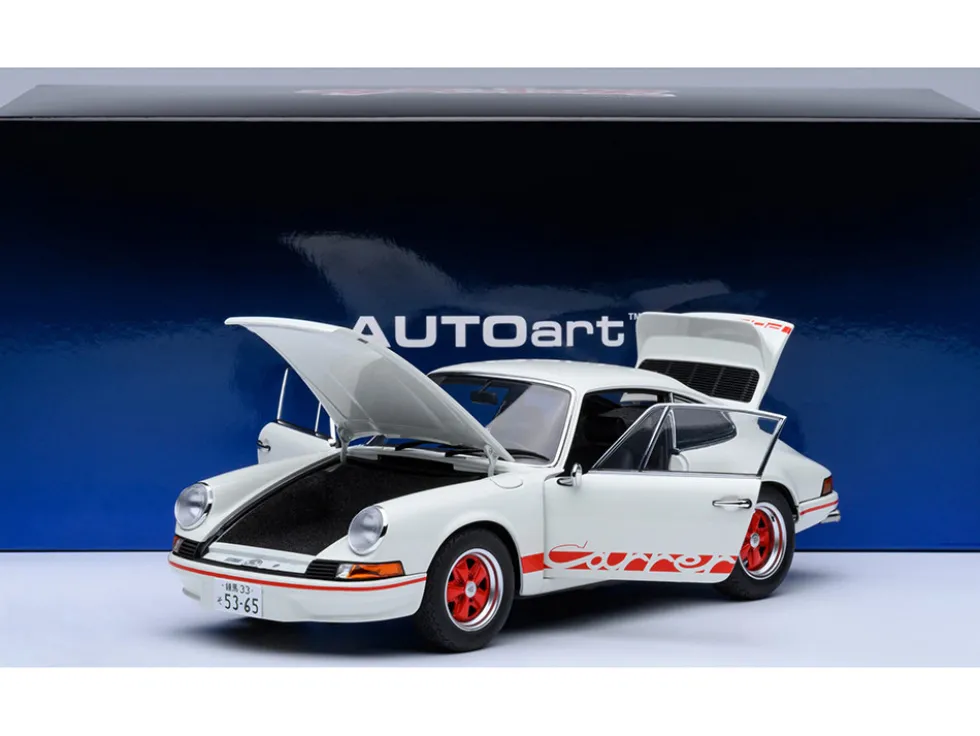 Porsche 911 Carrera 2.7 RS "The Circuit Wolf" White with Red Stripes and Wheels with Hood Graphics 1/18 Model Car by Autoart