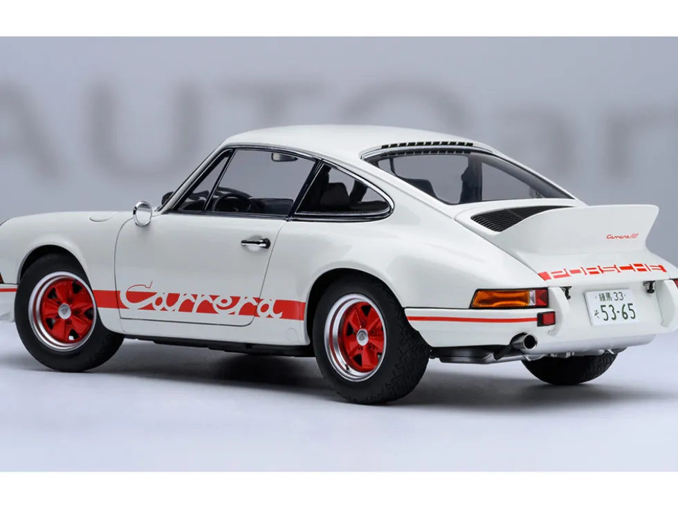 Porsche 911 Carrera 2.7 RS "The Circuit Wolf" White with Red Stripes and Wheels with Hood Graphics 1/18 Model Car by Autoart