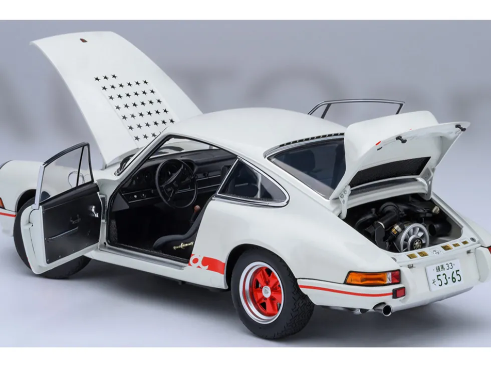 Porsche 911 Carrera 2.7 RS "The Circuit Wolf" White with Red Stripes and Wheels with Hood Graphics 1/18 Model Car by Autoart