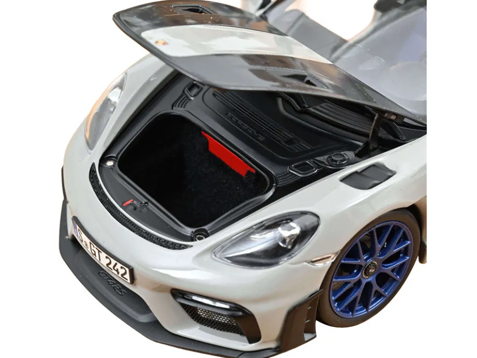 2023 Porsche Cayman GT4 RS Weissach Pack Chalk Gray with Carbon Hood Stripes 1/18 Diecast Model Car by Norev