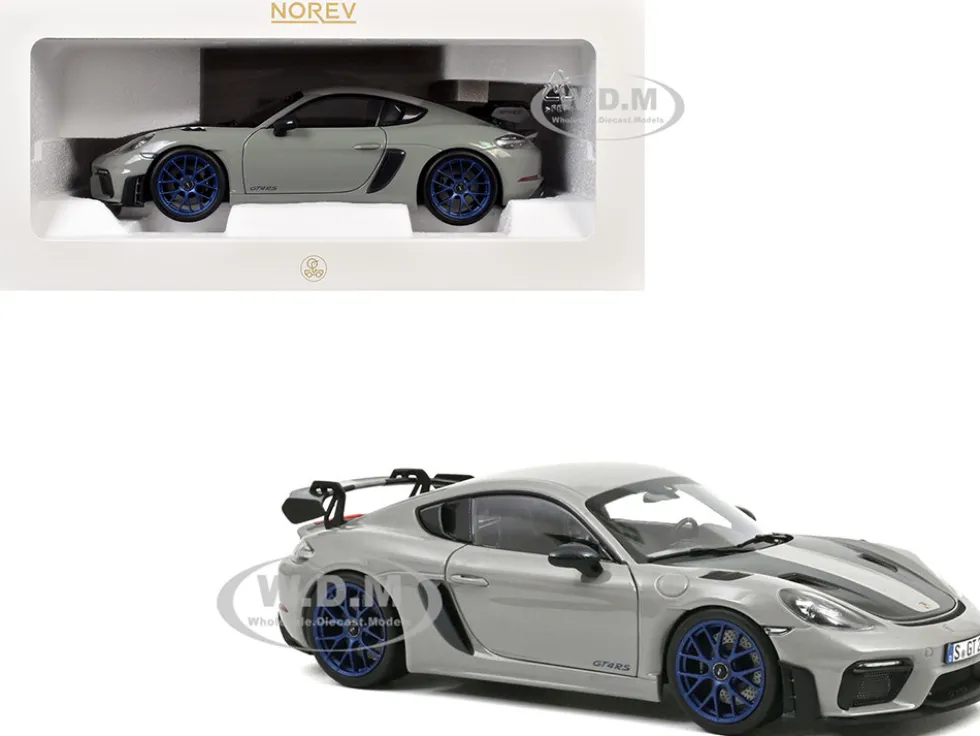 2023 Porsche Cayman GT4 RS Weissach Pack Chalk Gray with Carbon Hood Stripes 1/18 Diecast Model Car by Norev