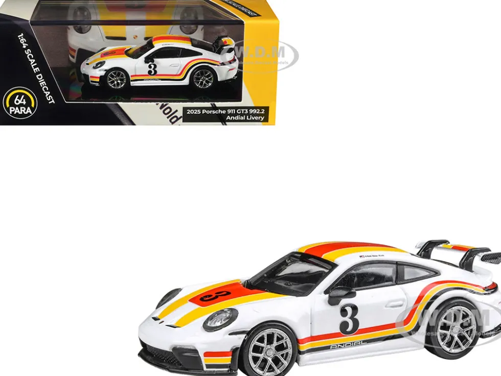 2025 Porsche 911 GT3 (992.2) #3 "Andial Livery" White with Stripes 1/64 Diecast Model Car by Paragon Models