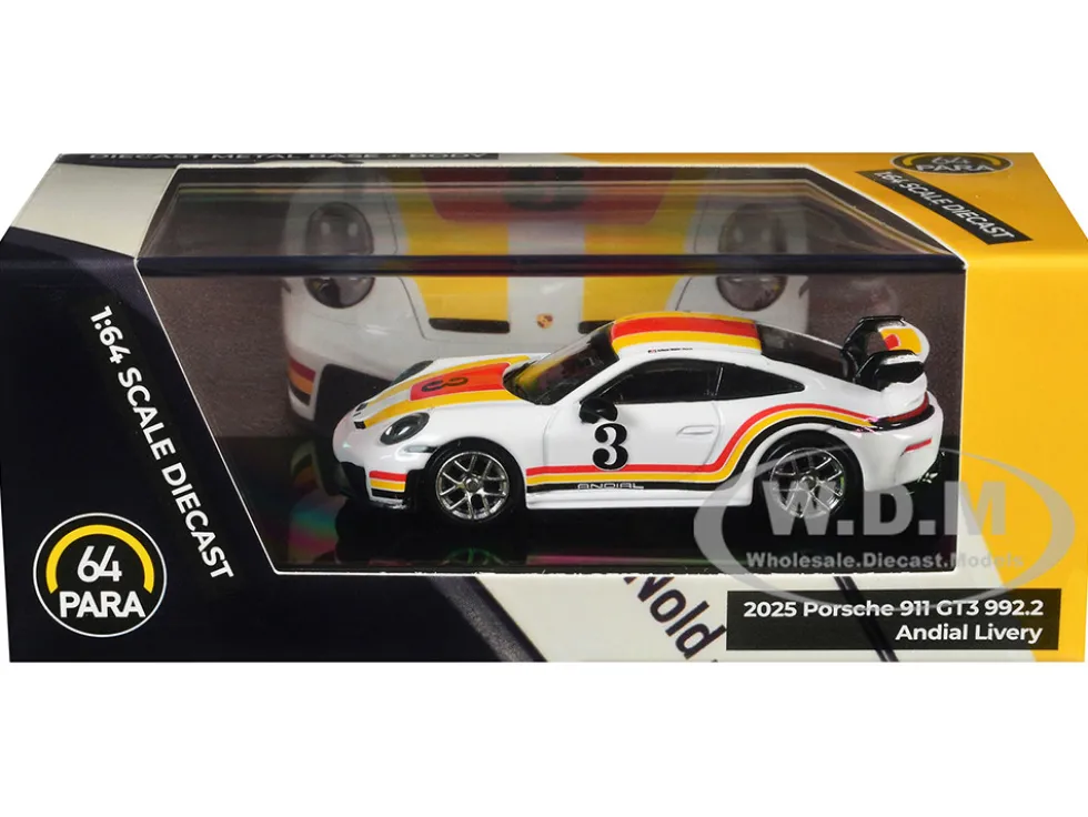 2025 Porsche 911 GT3 (992.2) #3 "Andial Livery" White with Stripes 1/64 Diecast Model Car by Paragon Models