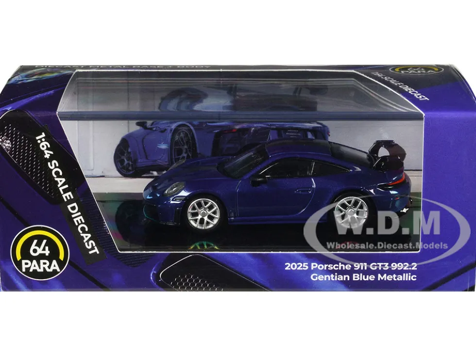 2025 Porsche 911 GT3 (992.2) Gentian Blue Metallic with Carbon Stripe 1/64 Diecast Model Car by Paragon Models