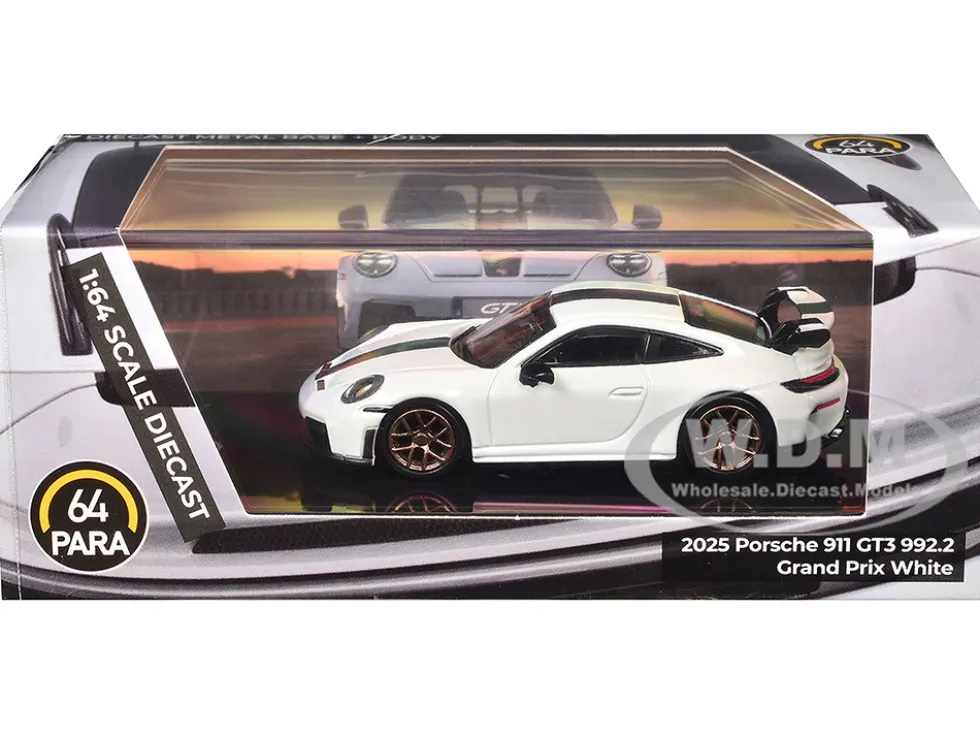 2025 Porsche 911 GT3 (992.2) Grand Prix White with Carbon Stripe 1/64 Diecast Model Car by Paragon Models