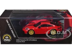 2025 Porsche 911 GT3 (992.2) Guards Red with Carbon Stripe and Gold Wheels 1/64 Diecast Model Car by Paragon Models