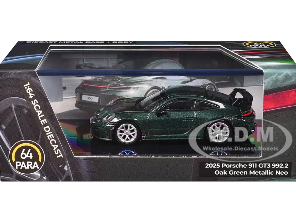 2025 Porsche 911 GT3 (992.2) Oak Green Metallic Neo with Carbon Stripe 1/64 Diecast Model Car by Paragon Models