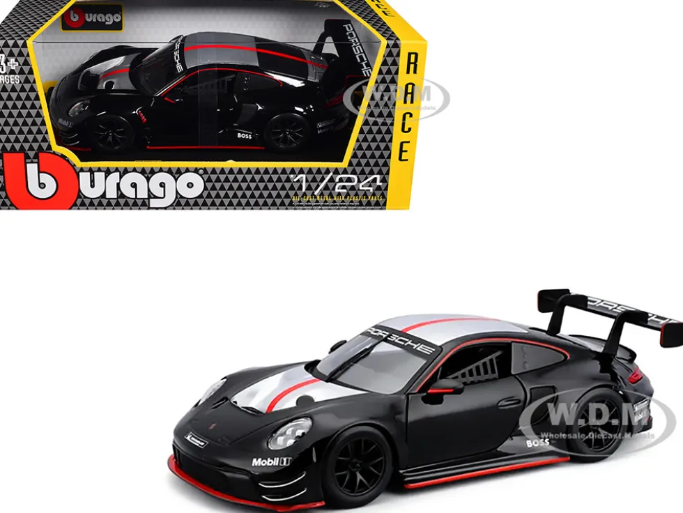 Porsche 911 GT3 R Black with Silver Hood and Top and Red Stripe "Race" Series 1/24 Diecast Model Car by Bburago