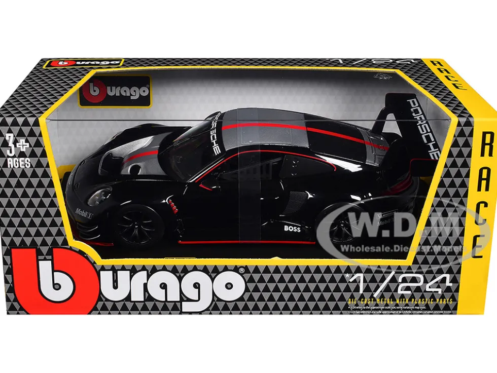 Porsche 911 GT3 R Black with Silver Hood and Top and Red Stripe "Race" Series 1/24 Diecast Model Car by Bburago