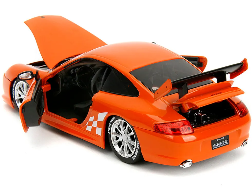 Porsche 911 GT3 RS (996) #008 "Bridgestone" Orange Metallic with White Graphics "Hyper-Spec" Series 1/24 Diecast Model Car by Jada