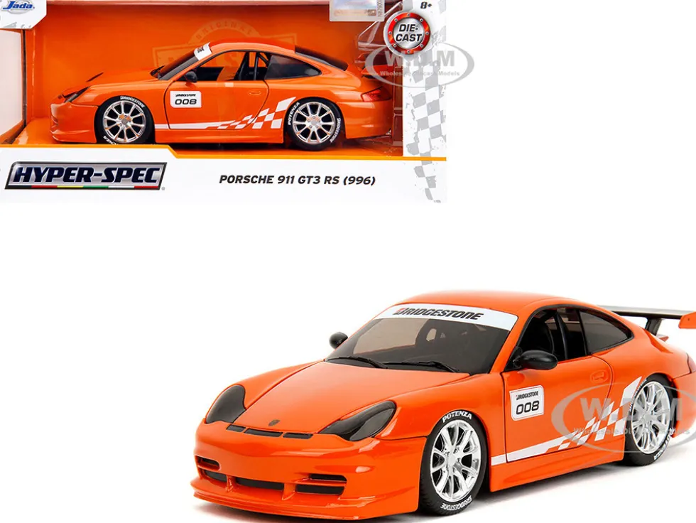 Porsche 911 GT3 RS (996) #008 "Bridgestone" Orange Metallic with White Graphics "Hyper-Spec" Series 1/24 Diecast Model Car by Jada
