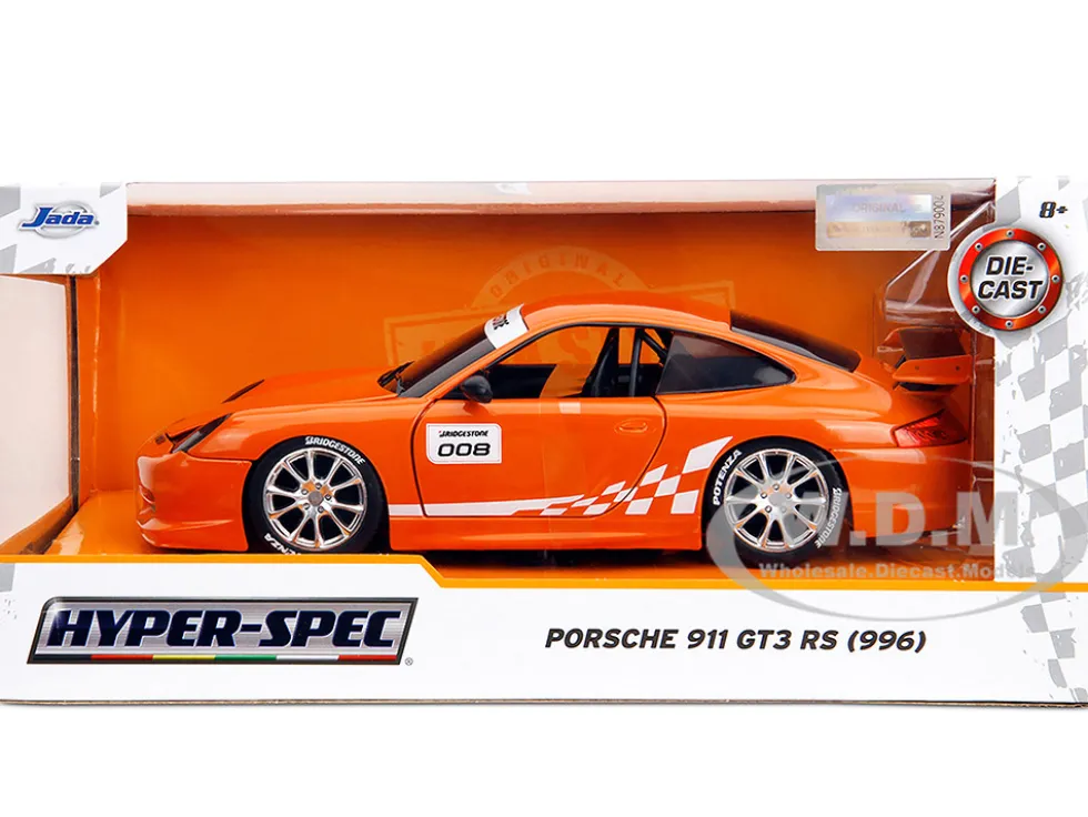 Porsche 911 GT3 RS (996) #008 "Bridgestone" Orange Metallic with White Graphics "Hyper-Spec" Series 1/24 Diecast Model Car by Jada