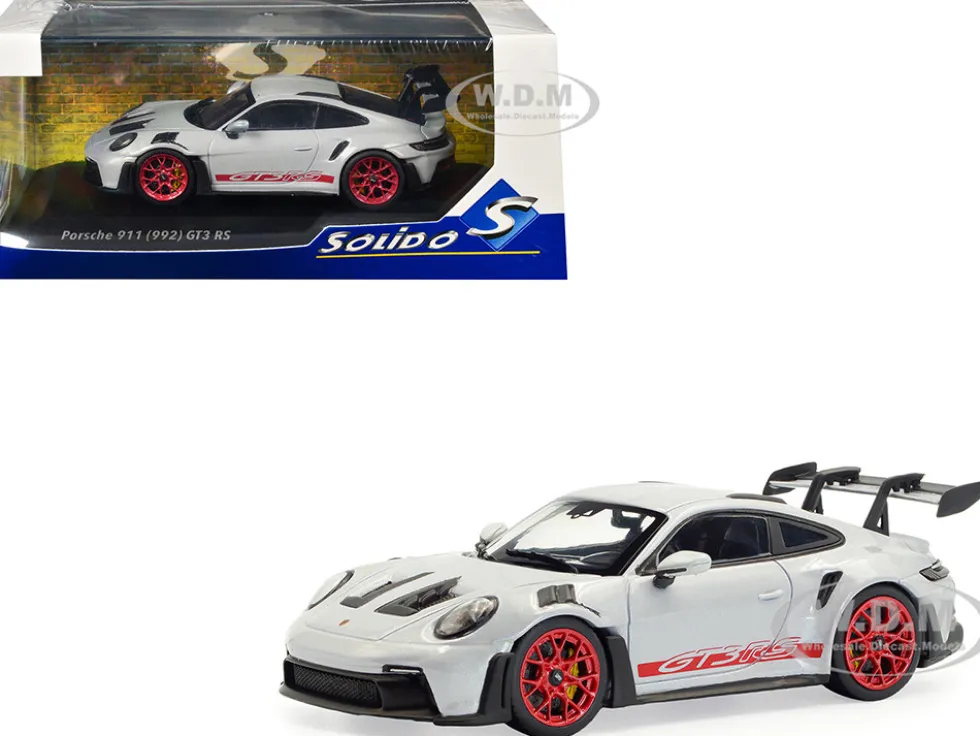 2023 Porsche 911 (992) GT3 RS Ice Gray Metallic with Pyro Red Stripes 1/43 Diecast Model Car by Solido