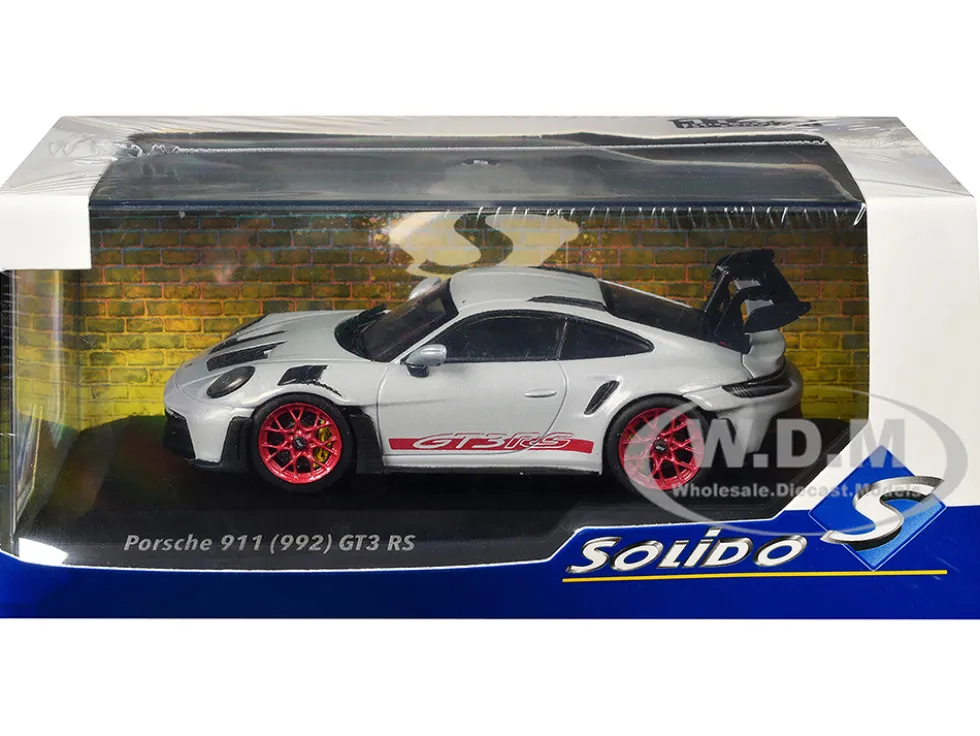 2023 Porsche 911 (992) GT3 RS Ice Gray Metallic with Pyro Red Stripes 1/43 Diecast Model Car by Solido