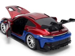 Porsche 911 GT3 RS (992) Red and Blue with Graphics and Spider-Man Diecast Figure "Marvel Spider-Man" "Hollywood Rides" Series 1/24 Diecast Model Car by Jada