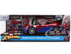 Porsche 911 GT3 RS (992) Red and Blue with Graphics and Spider-Man Diecast Figure 