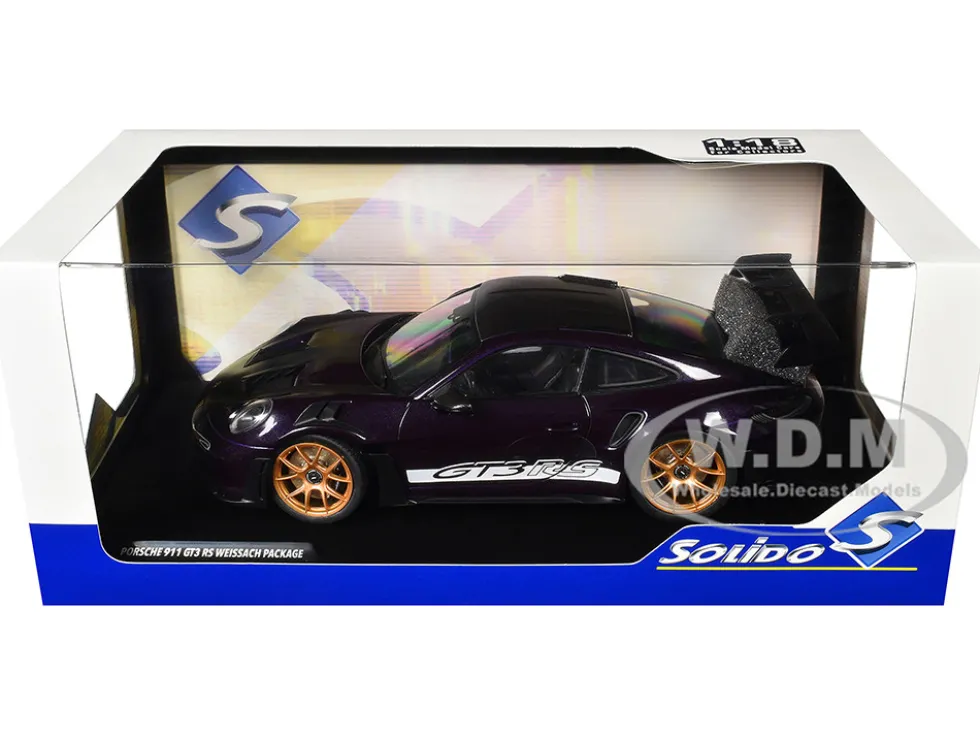 2024 Porsche 911 GT3 RS Weissach Package Viola Purple Metallic with Carbon Hood Stripes and Top 1/18 Diecast Model Car by Solido