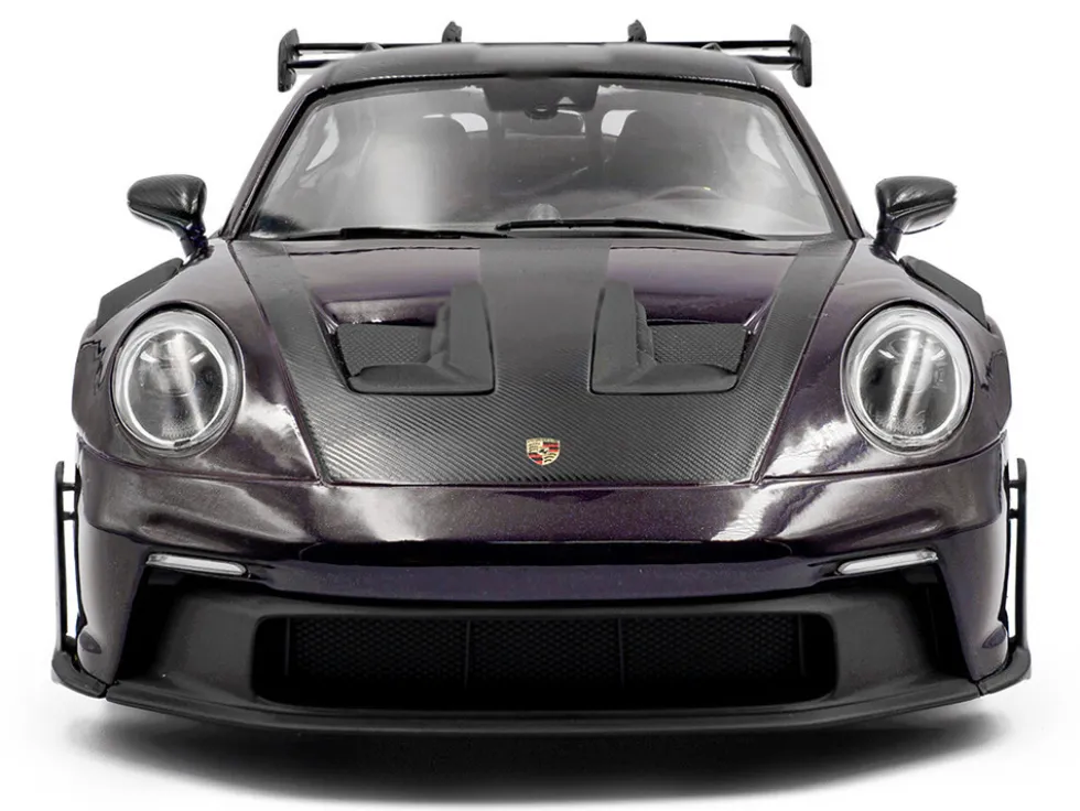 2024 Porsche 911 GT3 RS Weissach Package Viola Purple Metallic with Carbon Hood Stripes and Top 1/18 Diecast Model Car by Solido