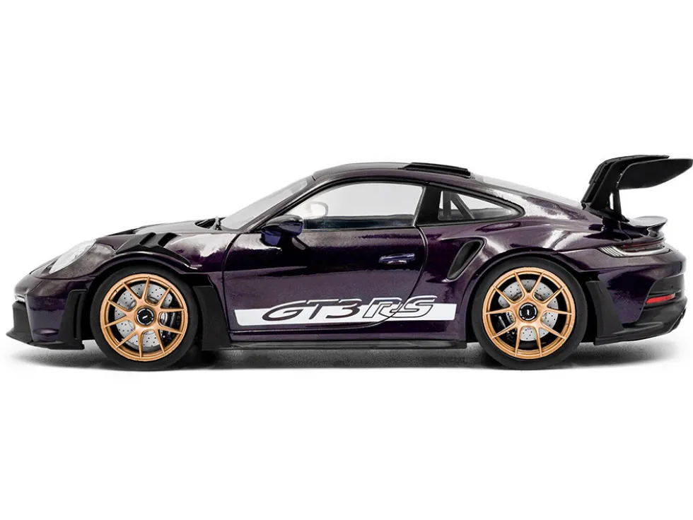 2024 Porsche 911 GT3 RS Weissach Package Viola Purple Metallic with Carbon Hood Stripes and Top 1/18 Diecast Model Car by Solido