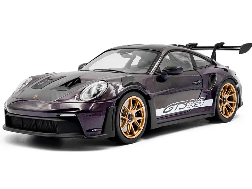 2024 Porsche 911 GT3 RS Weissach Package Viola Purple Metallic with Carbon Hood Stripes and Top 1/18 Diecast Model Car by Solido