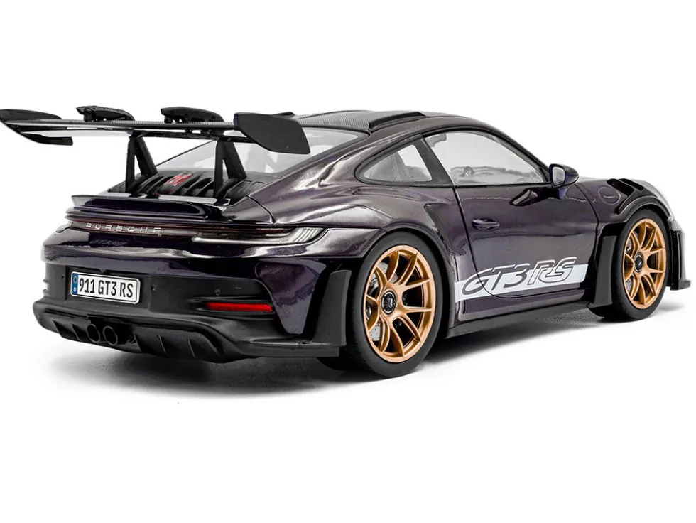 2024 Porsche 911 GT3 RS Weissach Package Viola Purple Metallic with Carbon Hood Stripes and Top 1/18 Diecast Model Car by Solido