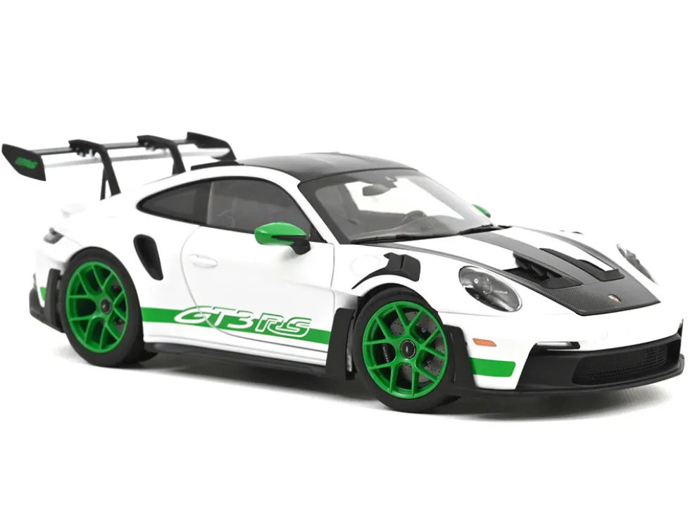 2022 Porsche 911 GT3 RS Weissach Pack White with Green Stripes And Carbon Hood and Top 1/18 Diecast Model Car by Norev