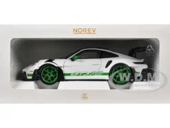 2022 Porsche 911 GT3 RS Weissach Pack White with Green Stripes And Carbon Hood and Top 1/18 Diecast Model Car by Norev