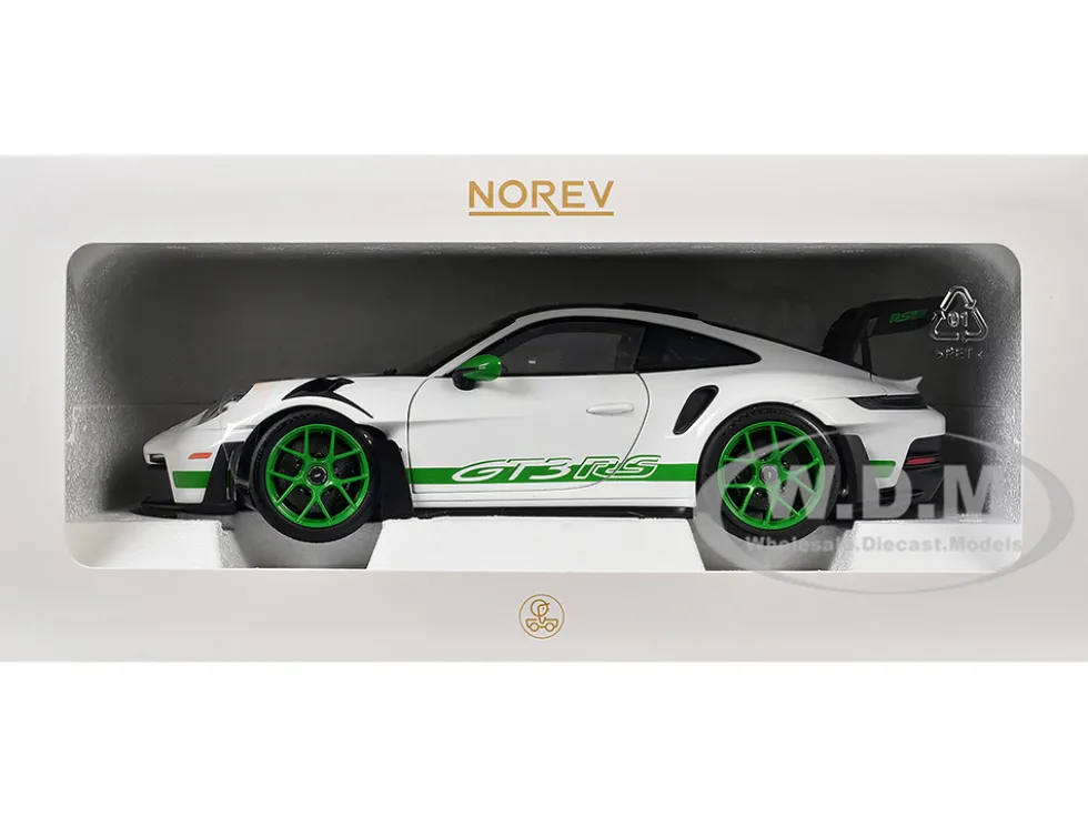 2022 Porsche 911 GT3 RS Weissach Pack White with Green Stripes And Carbon Hood and Top 1/18 Diecast Model Car by Norev
