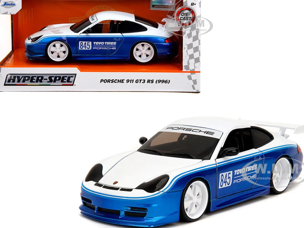 Porsche 911 GT3 RS (996) #845 White and Blue Metallic "Toyo Tires" "Hyper-Spec" Series 1/24 Diecast Model Car by Jada