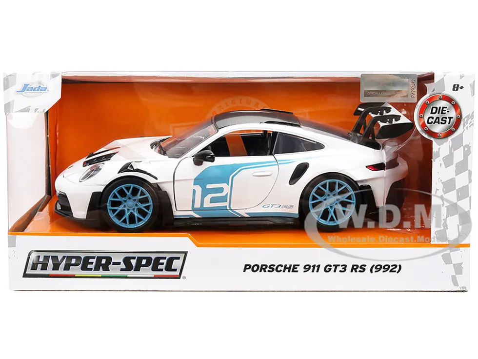 Porsche 911 GT3 RS (992) #12 White with Blue Stripes and Carbon Top "Hyper-Spec" Series 1/24 Diecast Model Car by Jada
