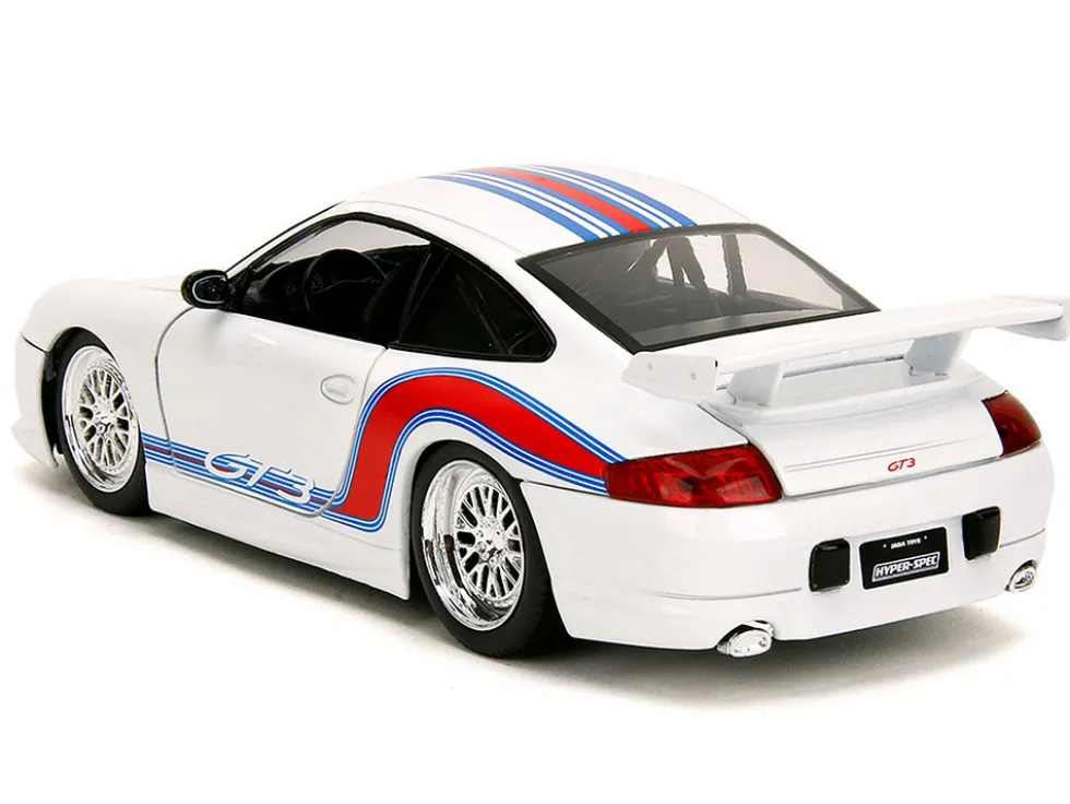 Porsche 911 GT3 (996) White with Red and Blue Stripes "Hyper-Spec" Series 1/24 Diecast Model Car by Jada