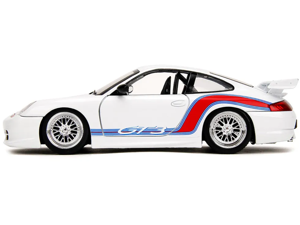 Porsche 911 GT3 (996) White with Red and Blue Stripes "Hyper-Spec" Series 1/24 Diecast Model Car by Jada