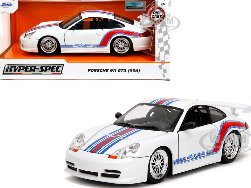 Porsche 911 GT3 (996) White with Red and Blue Stripes "Hyper-Spec" Series 1/24 Diecast Model Car by Jada