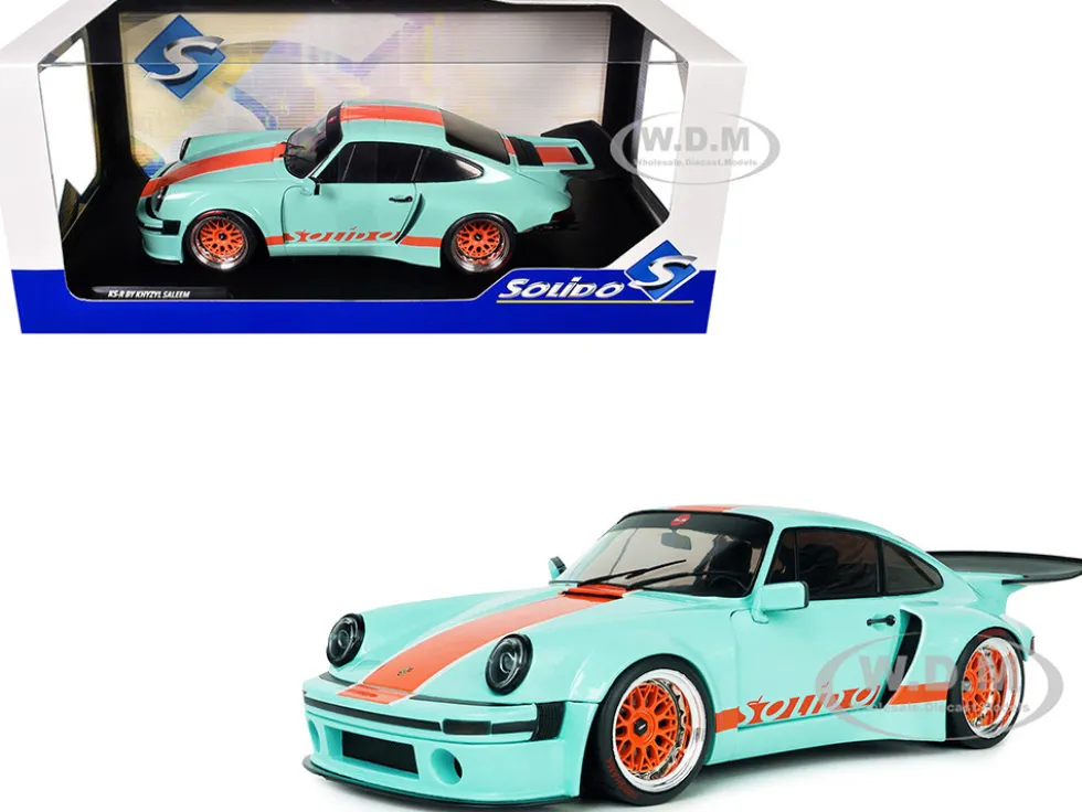 2025 Porsche 911 KS-R by Khyzyl Saleem "Blue Racer" Light Blue with Orange Stripes 1/18 Diecast Model Car by Solido