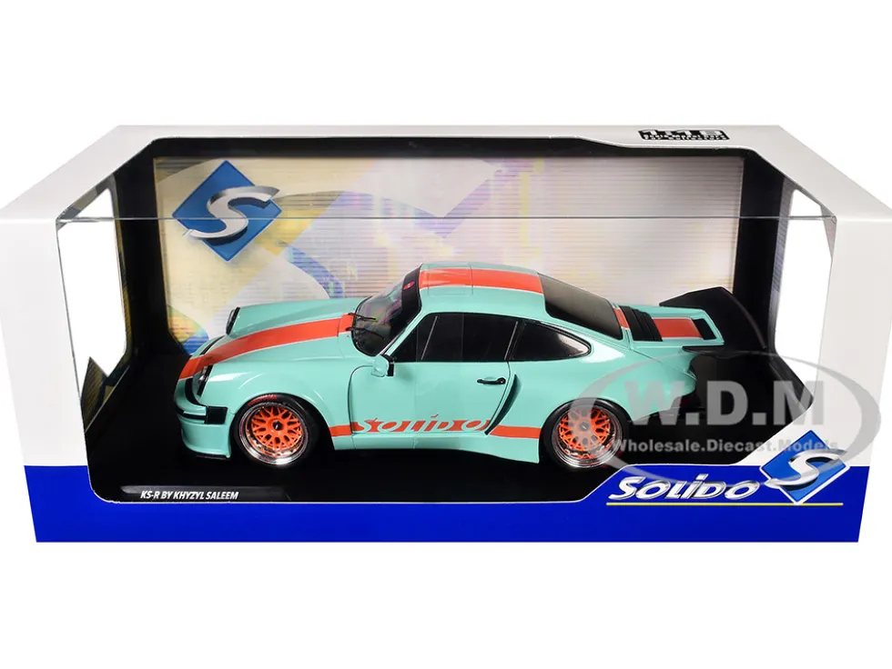 2025 Porsche 911 KS-R by Khyzyl Saleem "Blue Racer" Light Blue with Orange Stripes 1/18 Diecast Model Car by Solido