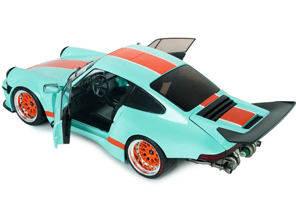 2025 Porsche 911 KS-R by Khyzyl Saleem "Blue Racer" Light Blue with Orange Stripes 1/18 Diecast Model Car by Solido