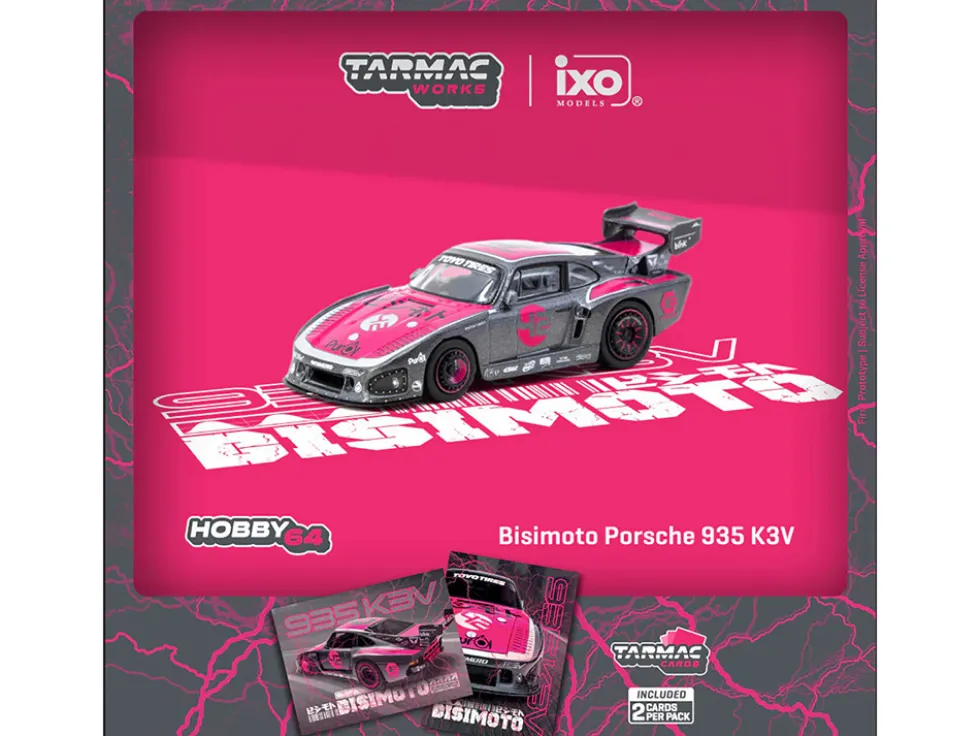 Porsche 935 K3V Bisimoto Gray Metallic with Pink Hood and Top with Tarmac Cards "Hobby64" Series 1/64 Diecast Model by Tarmac Works