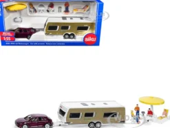 Porsche Macan Turbo Maroon Metallic and Dethleffs Exclusiv Emotion Caravan with Figures and Camp Accessories Set 1/55 Diecast Model by Siku