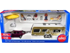 Porsche Macan Turbo Maroon Metallic and Dethleffs Exclusiv Emotion Caravan with Figures and Camp Accessories Set 1/55 Diecast Model by Siku